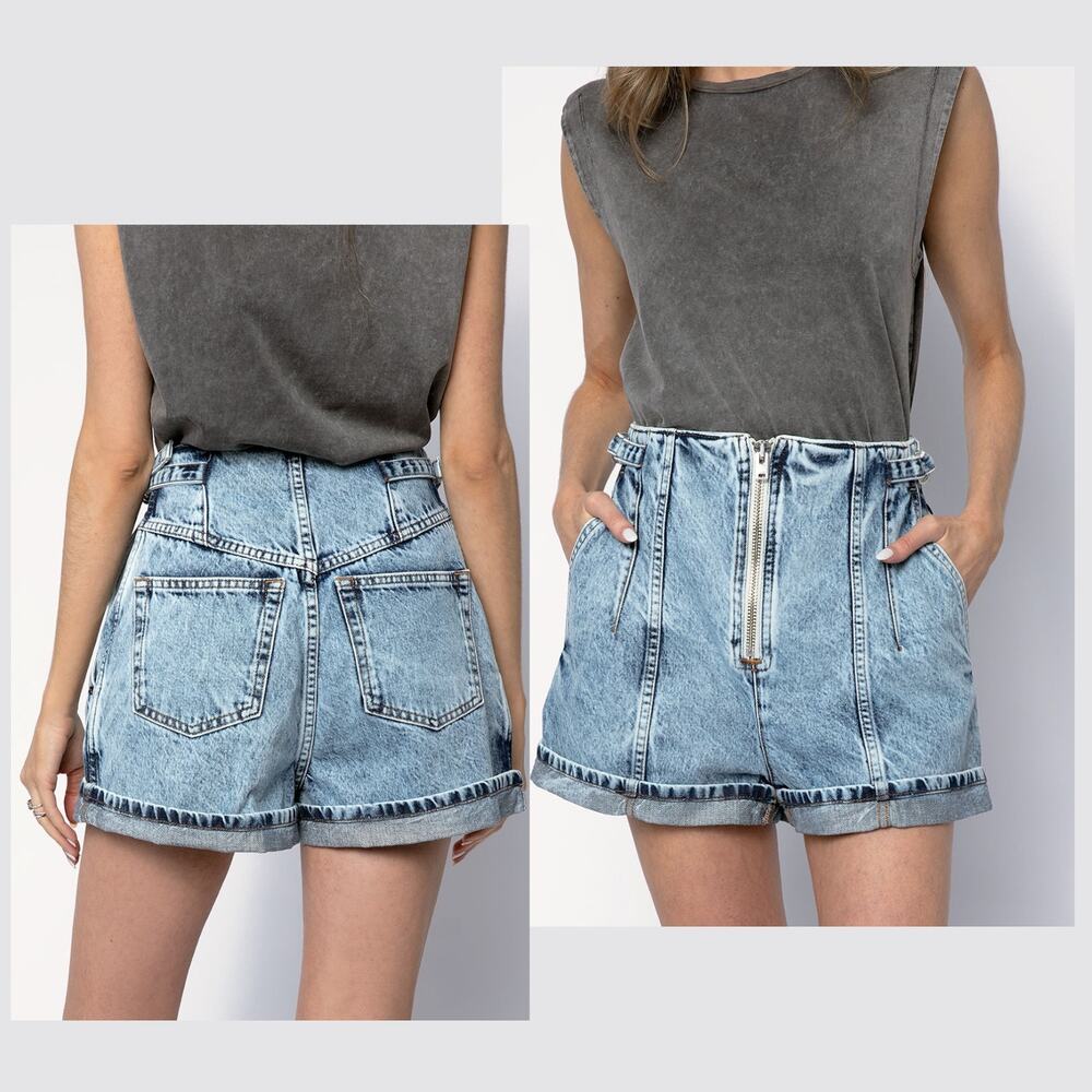 IRO PARIS Powelly Cuffed Denim Shorts Jean Made In Italy Acid Wash High Rise 36
